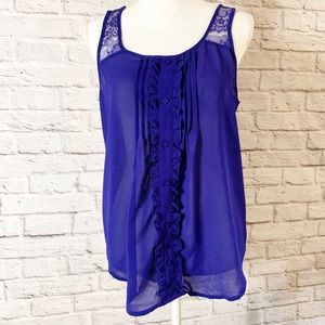 Womens BLUE lace EDGE sleeveless BLOUSE large
